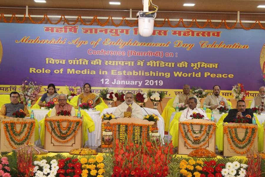 Hon'able Brahmachari Girish Ji and prominent national level media personalities present on the stage releasing Maharishi Panchang and Calendar for 2019 during the 102nd Birthday Celebration of His Holiness Maharishi Mahesh Yogi Ji as Gyan Yug Diwas celebration at Gurudev Brahmanand Saraswati Ashram situated at Bhojpur Temple Road, Bhopal. 
In India the celebration took place in more than 200 cities. Main celebration was organised at Bhopal. The topic of conference this year was 'Role of Media in Establishing World Peace'.

In other cities also state and city level media leaders participated. Let's hope and wish that our Indian media will contribute a lot for this noble cause