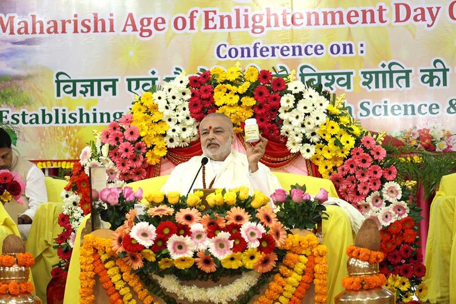 Brahmachari Girish Ji and other dignitaries releasing Maha Amrit Churna, a product of Maha Herbals-a general tonic to balance Vata, Pitta and Kapha in physiology, helping in maintaining perfect health. Girish Ji has mentioned that everyone must take it with meal twice a day, this is the advice of group of Vaidyas.