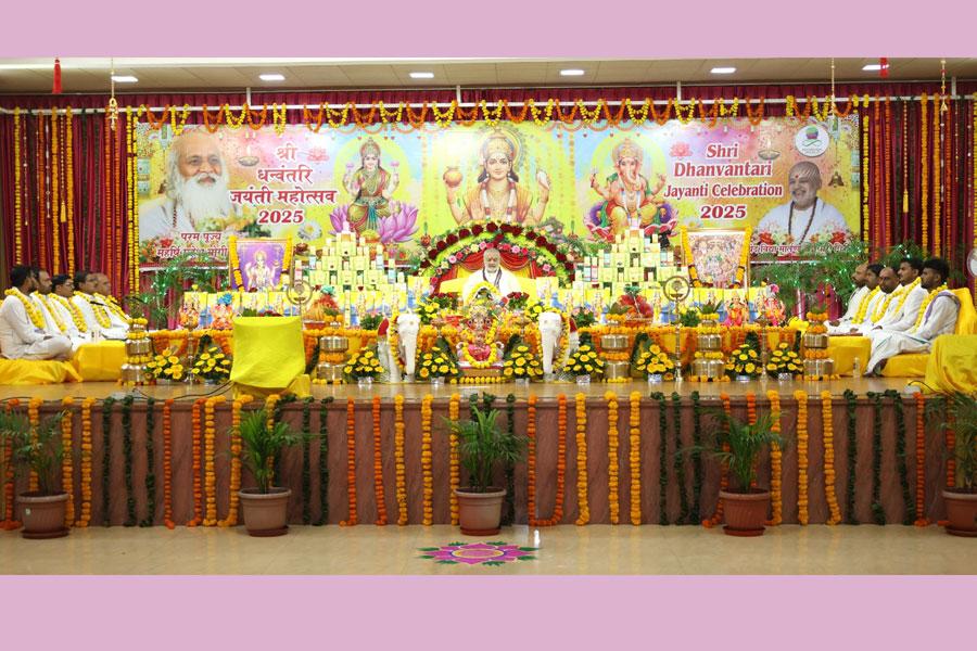 Three days celebration at Maharishi Organisation. Ved Vidya Martand Brahmachari Girish Ji, Chairman of Maharishi Group of Educational Institutions has performed puja in auspicious muhurta of Bhagwan Dhanwanti Ji on 18th October, puja of Shri Hanuman Ji on 19th October and Shri Mahalakshmi pujan on Deepawali 20th October with Vedic procedure.