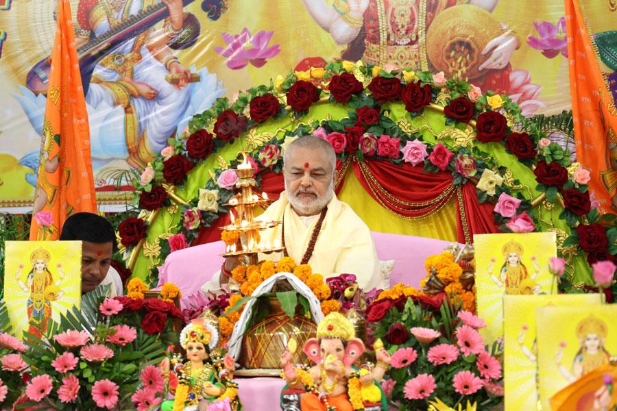 Three days celebration at Maharishi Organisation. Ved Vidya Martand Brahmachari Girish Ji, Chairman of Maharishi Group of Educational Institutions has performed puja in auspicious muhurta of Bhagwan Dhanwanti Ji on 18th October, puja of Shri Hanuman Ji on 19th October and Shri Mahalakshmi pujan on Deepawali 20th October with Vedic procedure.